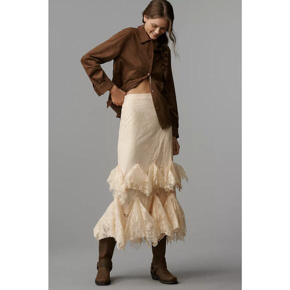 NWT Anthropologie Mare Mare Lace Tiered Midi Skirt $258 X-SMALL Tan BOHO CHIC